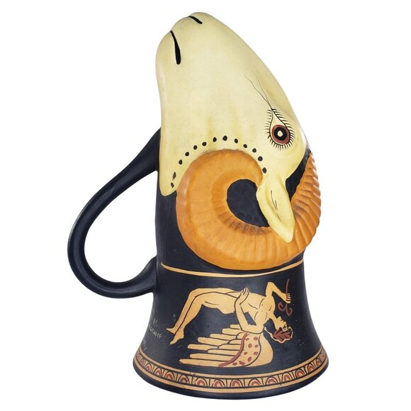Rare Vintage Rams Head Cup Rhyton Hand Painted Keramikos Greece - Picture 2 of 11